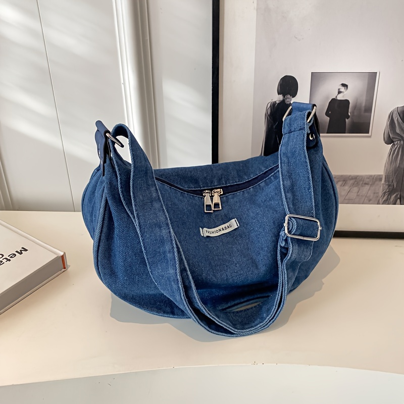Vintage Denim Crossbody Bag, Y2K Crescent Shoulder Bag, Versatile Dumpling Handbag for Women,Light Blue,Solid color,$13.99,No Pattern,Temu