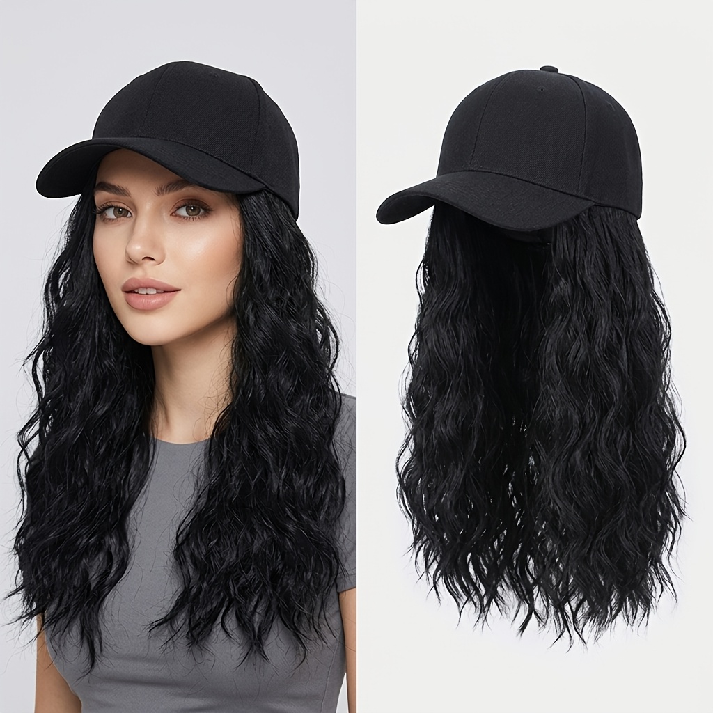 TEMU 1pc Baseball Wig Adjustable Breathable Mesh Inner 18 Inch Long Water Wave Synthetic Hair Wig Black 140g Heat Resistant Hat Wigs For Women Daily