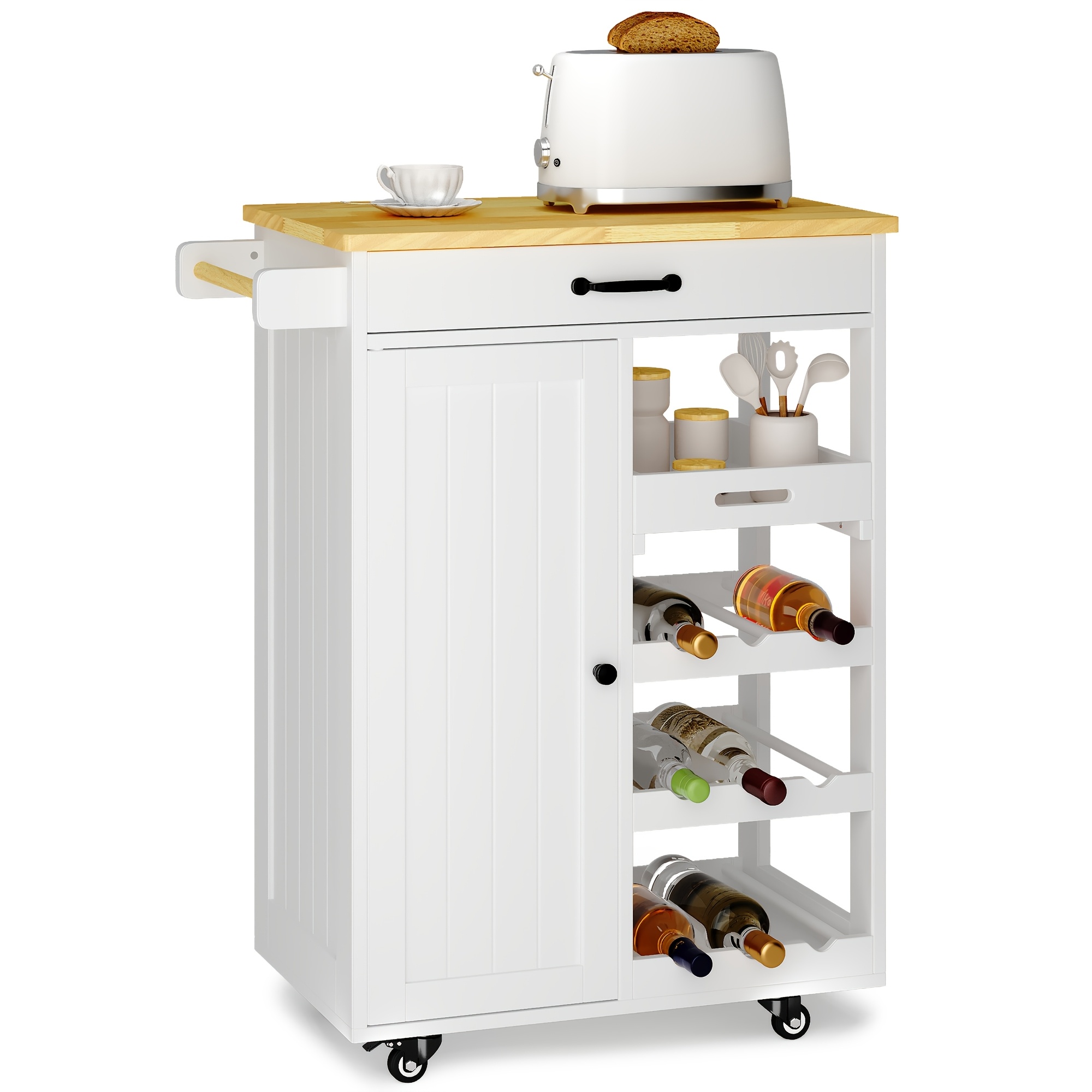 Rolling Storage Trolley On Wheels, Mobile Kitchen Cart With Wine Rack, Drink And Snack Serving Station For Soccer Party, 64x40x91cm