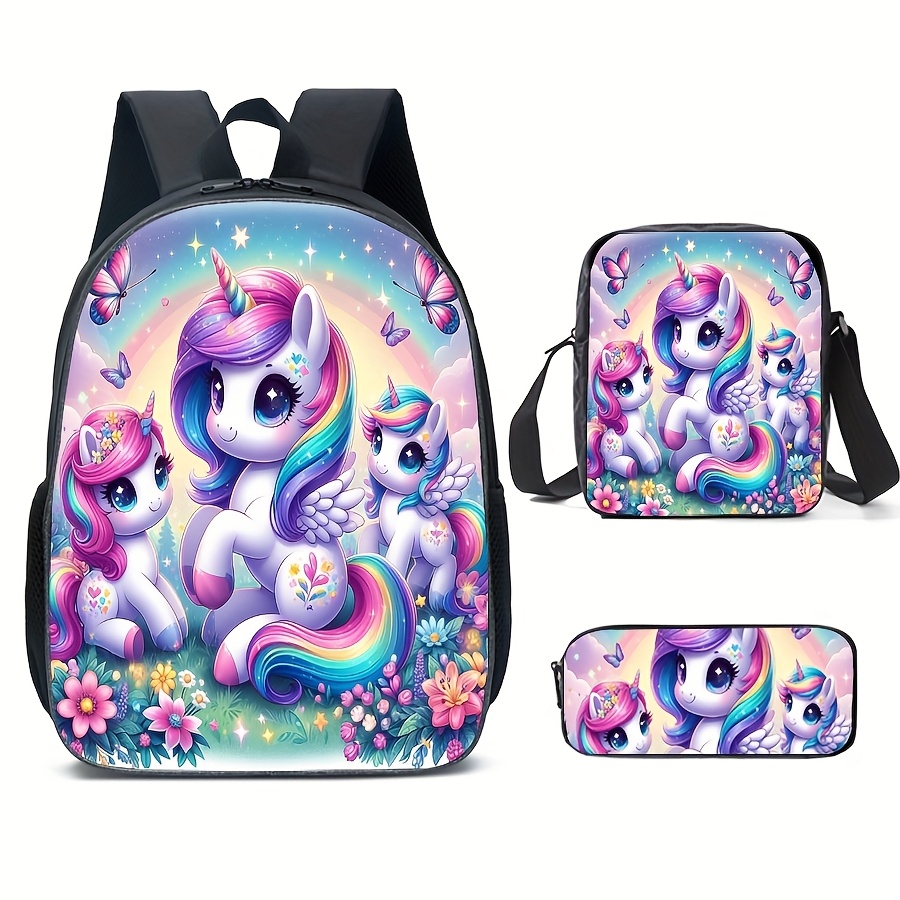 

Unicorn-themed Polyester Daypack 3pcs Set, Preppy Casual Backpack With Zipper Closure, Adjustable Shoulder Straps, Crossbody Bag & Pencil Case, Wet , College With Printed Design