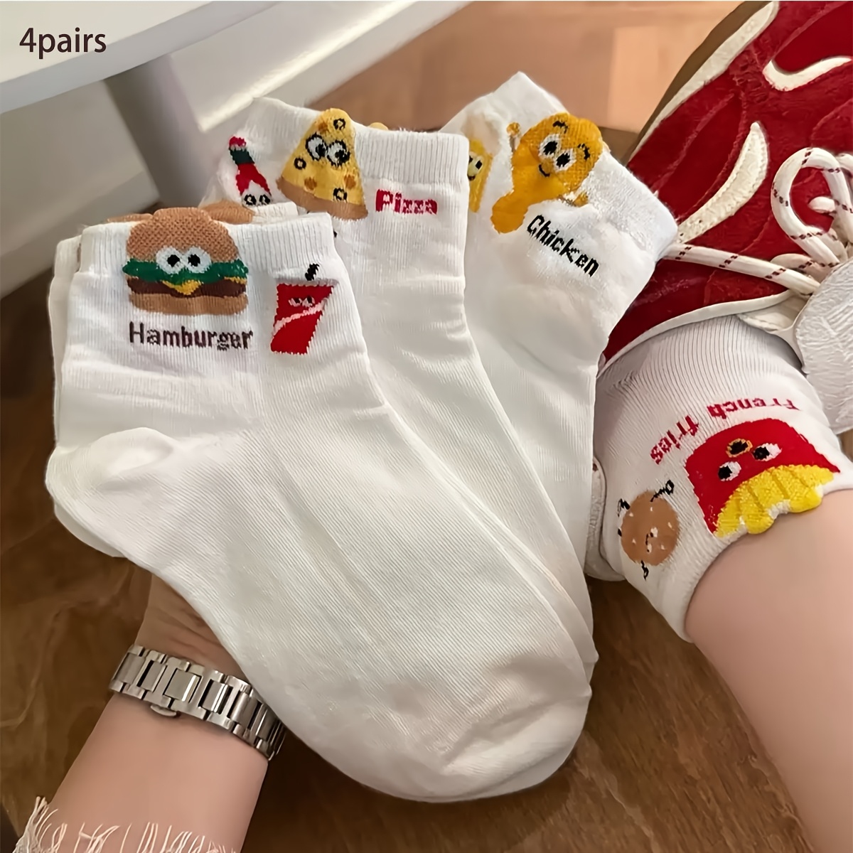 TEMU 8-pack Of 4 Pairs Of Cute Cartoon Hamburger, Fries, And Pizza Pattern Fun, Comfortable, Soft, Breathable, And Sweat-absorbent Women's Casual Sports Socks