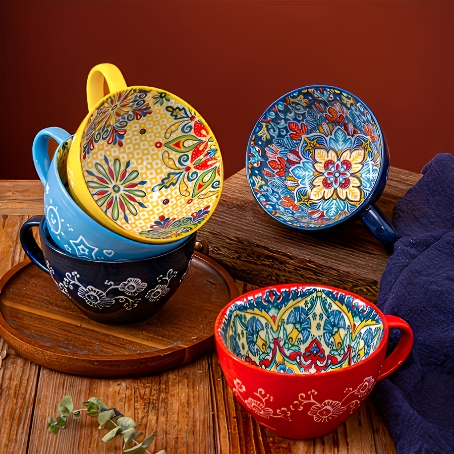 TEMU Taufikt 6pcs Bohemian Ceramic Breakfast Mug - 15oz Large Capacity, Microwave Safe For Hot Drinks & Cold Beverages, Perfect Gift For Halloween,