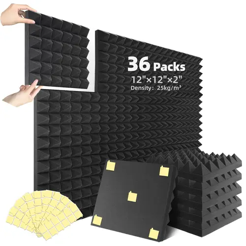 36 packs acoustic foam panels pyramid 2 x 12 x 12 high density 25kg recovery sound proof foam panels for walls with 180 pcs double side self
