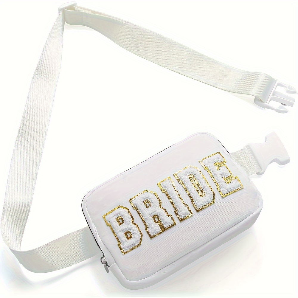 

Chic "bride" Glittery Golden & White Nylon Crossbody Bag With Adjustable Strap - Waterproof & Stain-resistant, Zippered Women's Shoulder Bag Bachelorette Parties & Weddings