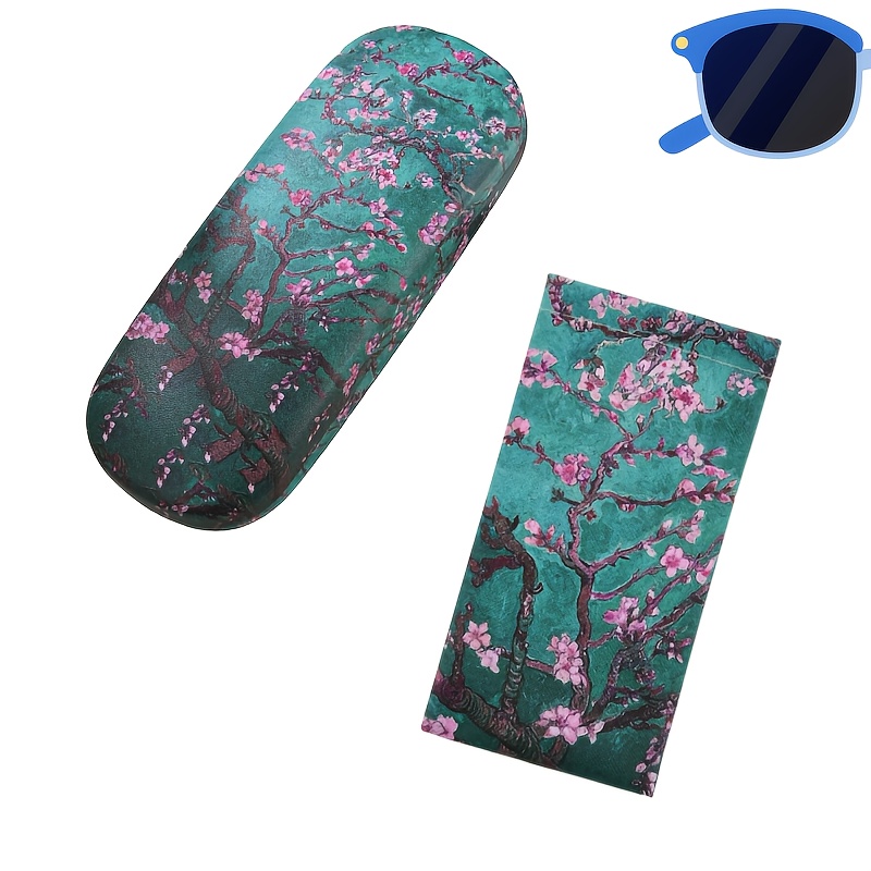 Image of 2pcs Green Apricot Oil Painting Van Gogh Inspired Fashion Eyeglass Case For, Glasses, With Green Plant Print
