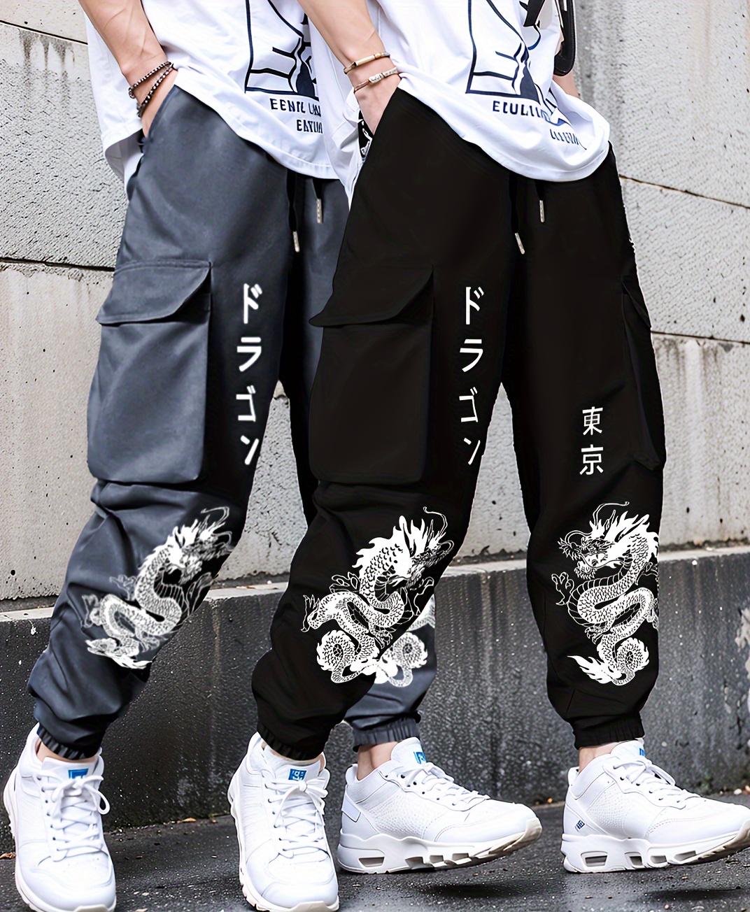 2pcs set Men's printed flower casual large pocket overalls elastic waist drawstring pants for spring and autumn season, for Autumn, Spring