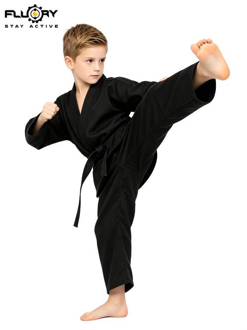 fluori dziecięcy zestaw strój karate czarny profesjonalny strój karate, rozmiary wzrostu 100-170, oddychająca koszulka karate, pas i spodnie zestaw 3-częściowy, wysokiej jakości tkanina dziecięcy i młodzieżowy zestaw strój do taekwondo jujutsu karate, idealny na zewnątrz