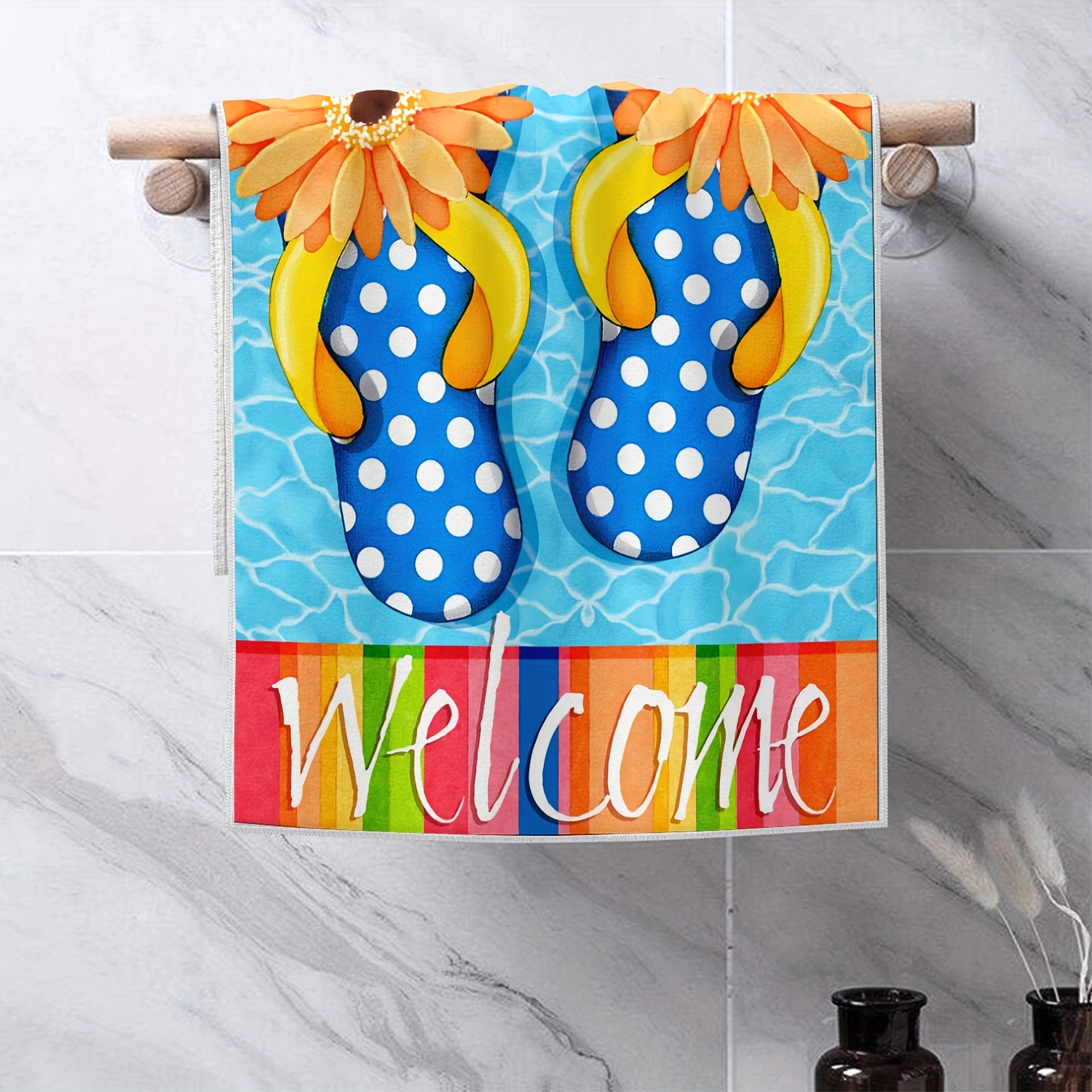 

Coastal Welcome Kitchen Towels Set Of 2 - Microfiber Knit Fabric Dish Cloths, Contemporary Style, Machine Washable Ultra Fine Dish Towels With Flip Flop Design