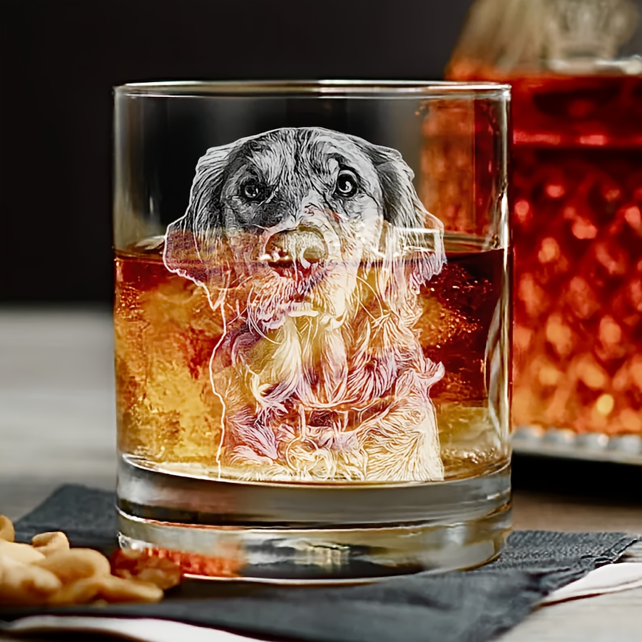 TEMU Personalized Pet Portrait Wine & Whisky Glass Cup - Custom Carved Dog Photo/portrait Gift Suitable For Dog Owners, Reusable Glass Tumbler For,
