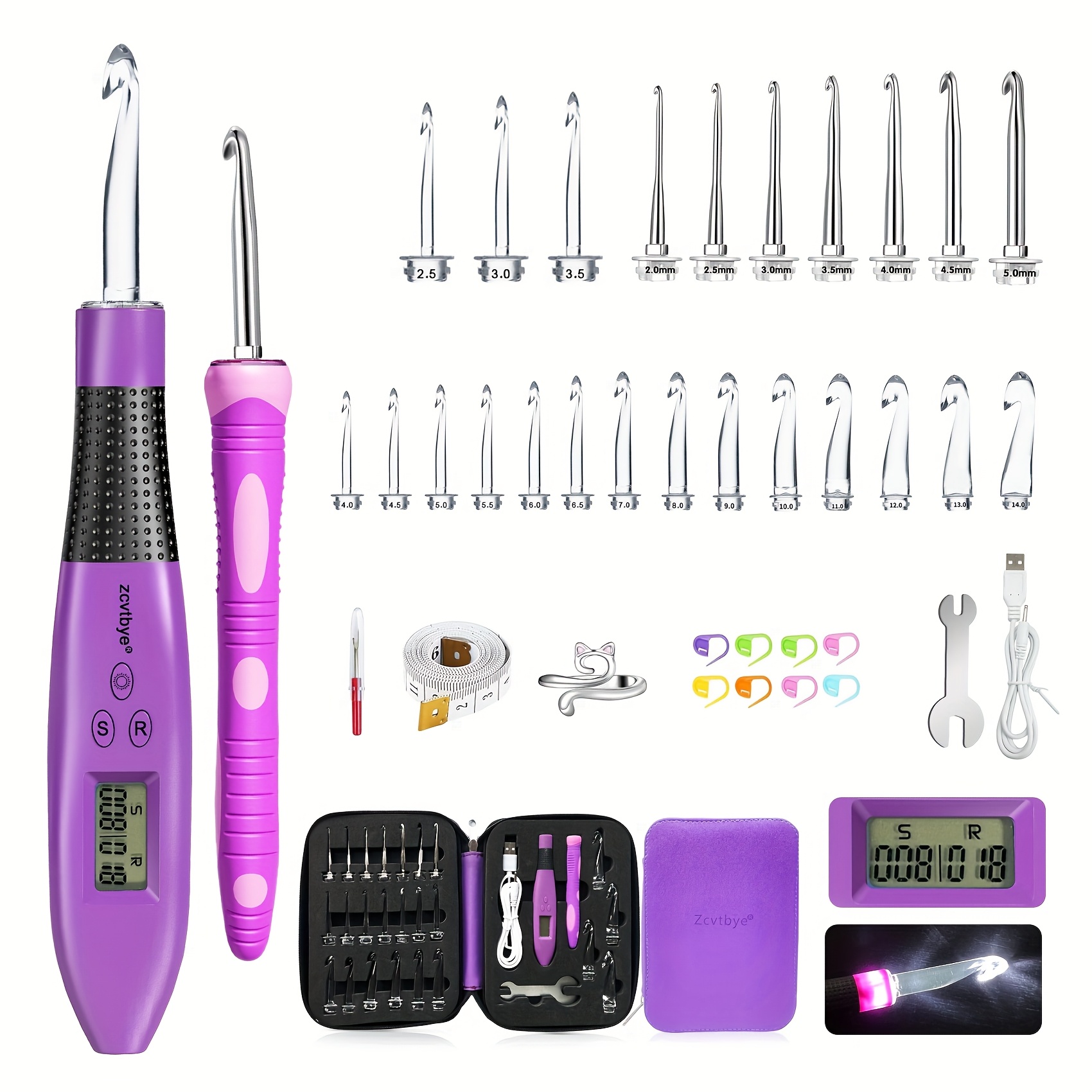 Crochet Hook Set With Stitch Counter, Crochet Set With 24 Different Sizes Of Interchangeable Crochet Hooks, Ergonomic With 2-level Led Stitch Counter For Crocheting And Knitting