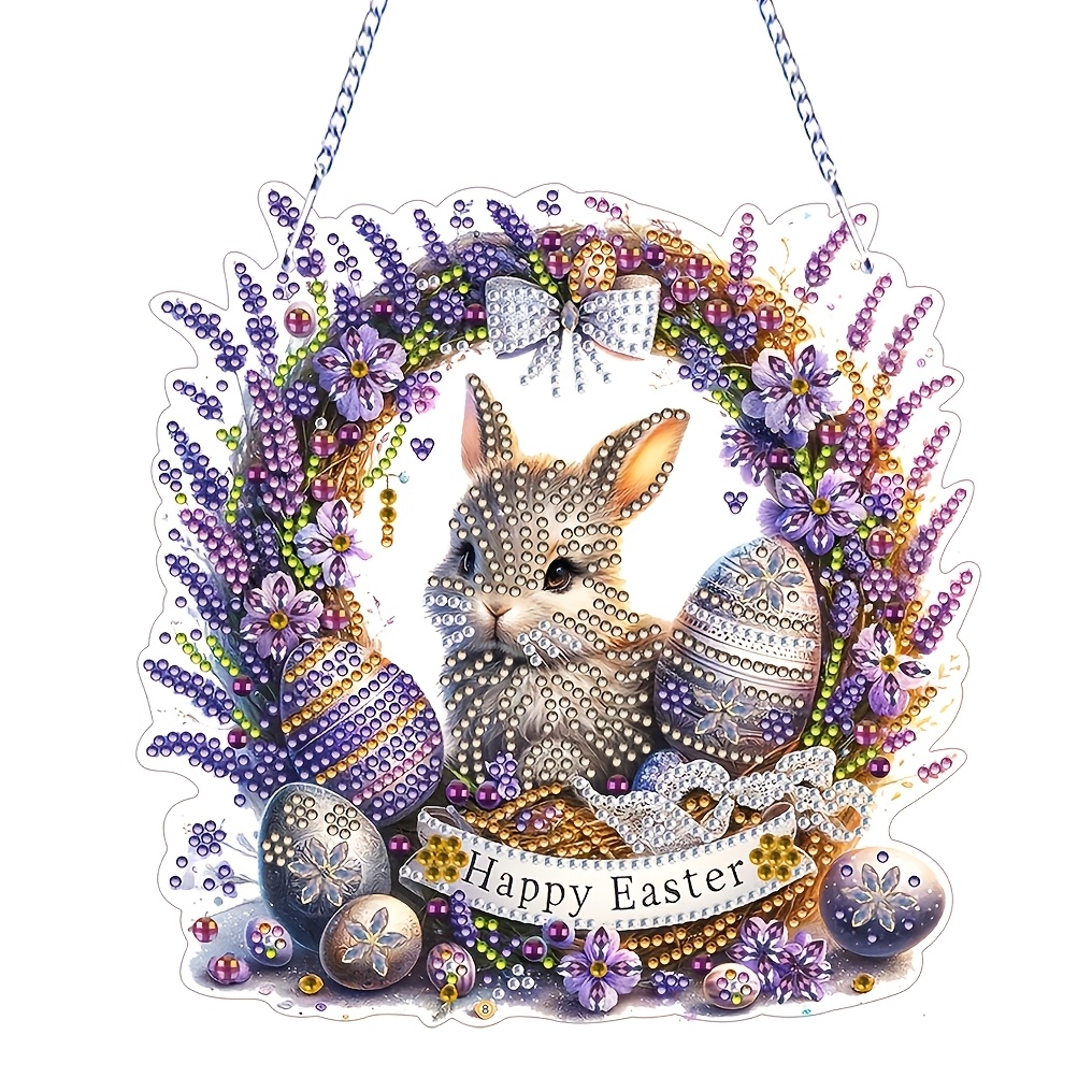 

1pc 5d Diy Easter Bunny Wreath Acrylic Hanging Ornament, Animal Theme Irregular Shape Home Decor, Creative Gift Set With Gemstone Painting Accessories