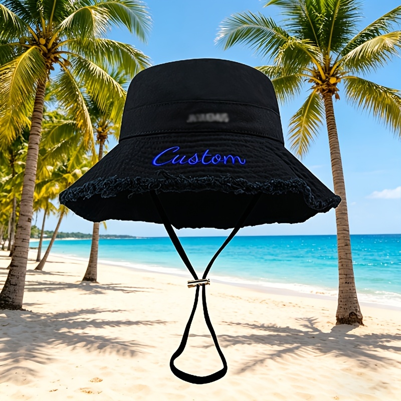 TEMU Chapeau de pêcheur brodé sur mesure, Chapeau de soleil ajustable avec cordon de serrage et bordure, Chapeau d'été pour l'extérieur, Chapeau de