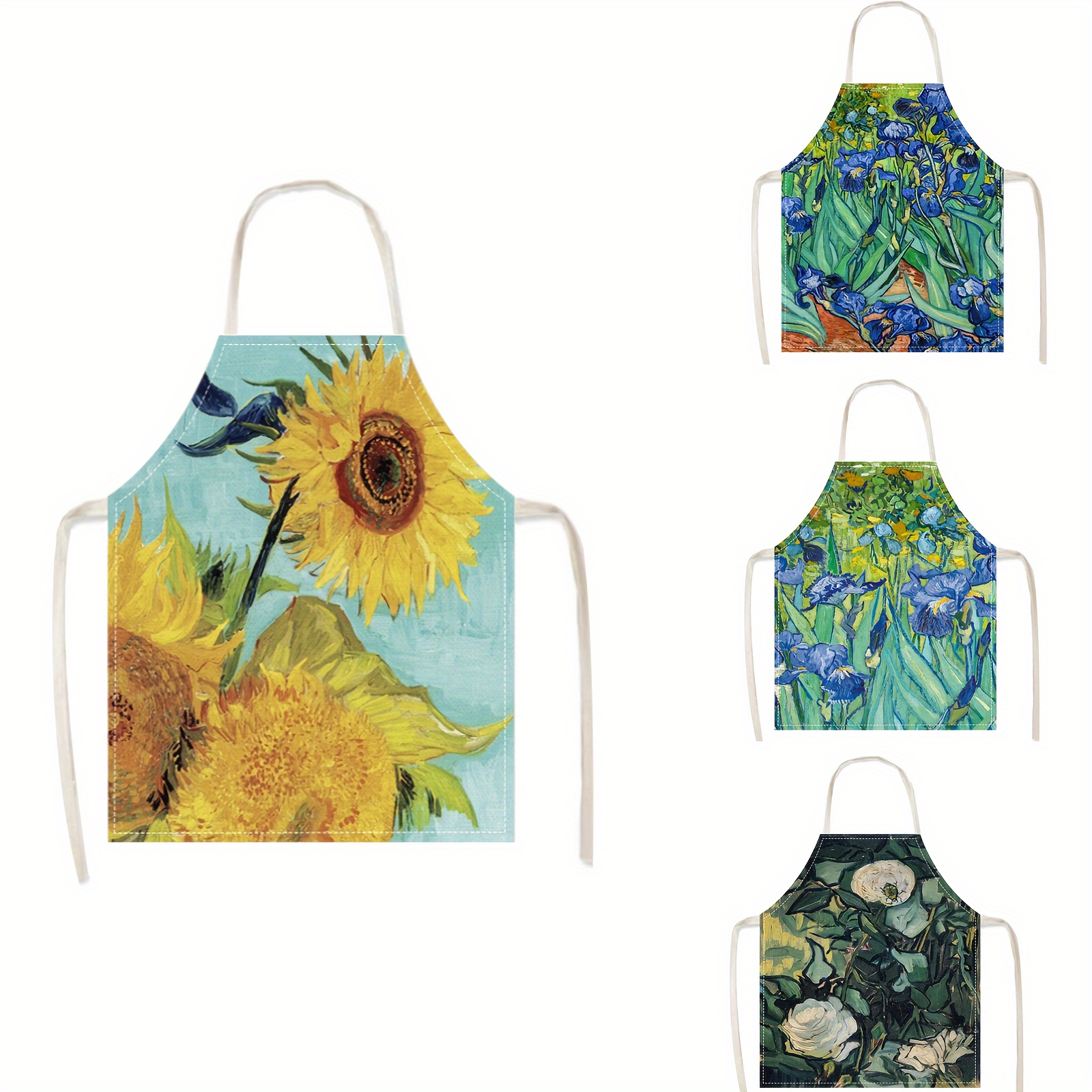 

1pc, Cooking Apron, Oil Painting Theme Green Plant Sunflower Printed Apron, Household Anti-fouling Waist Apron, Work Clothes For Cleaning, Kitchen Supplies