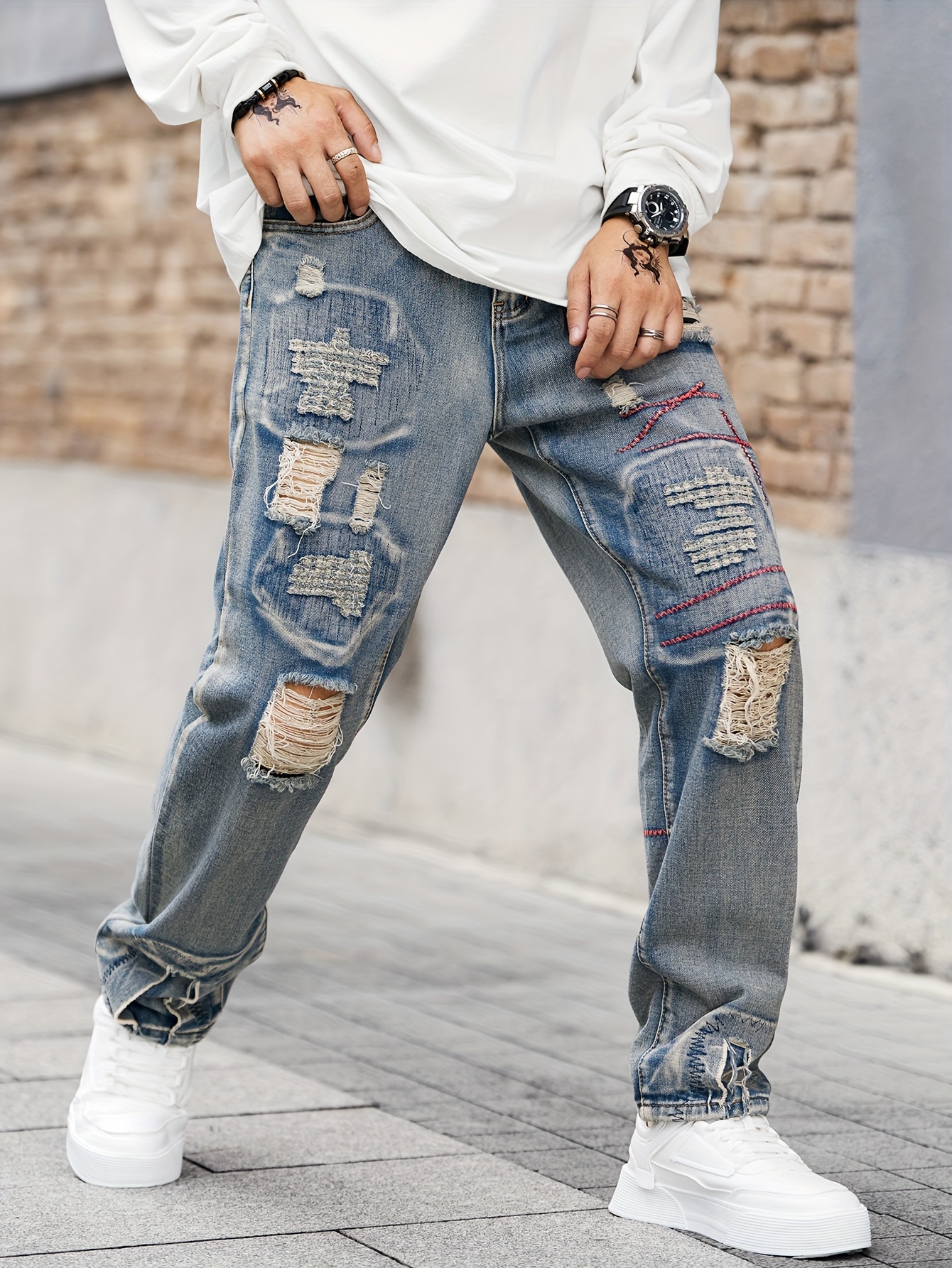 men's loose fit straight leg ripped jeans men's stylish Temu Greece