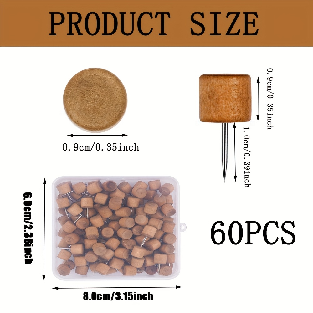 Image of 60pcs Brown Wooden Push Pins - Decorative Thumb Tacks For Bulletin, Cork, And Foam Boards | Ideal For Photos, Calendars, Home Office & Craft Projects | Includes Clear Storage Box