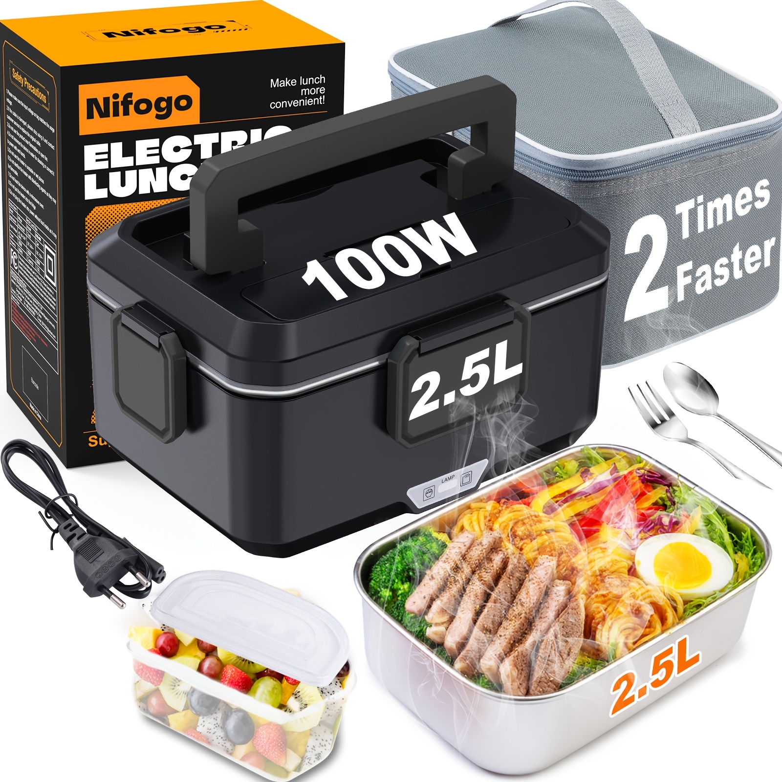 TEMU de Almuerzo Portátil con Calentamiento - Capacidad de 2.5 Litros, Acero Inoxidable, Pan Desmontable, Adecuada para Coche, Camión, Oficina,