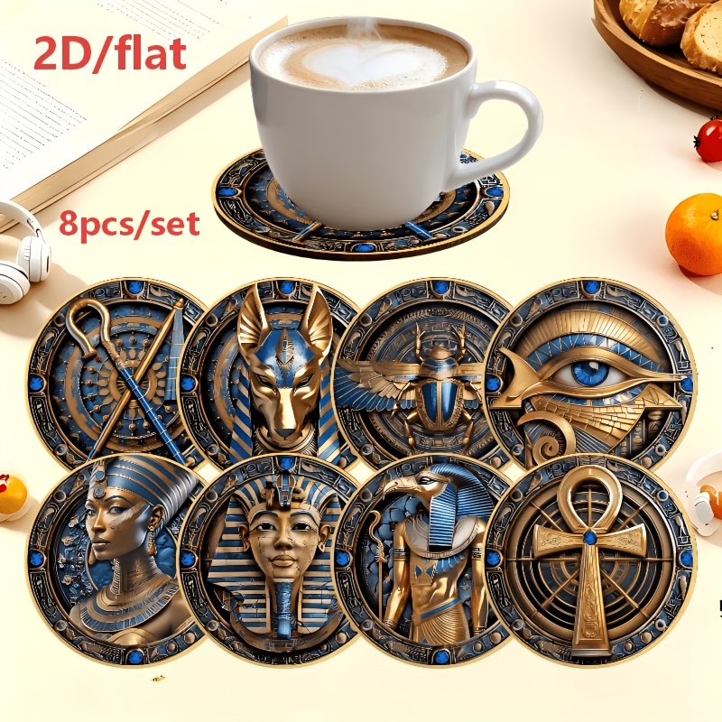 TEMU 8pcs Flat Wooden Coasters With Ancient Egyptian Prints, Durable Anti-slip Heat Resistant Mats. Great Daily Supplies And Chic Decorations For ,