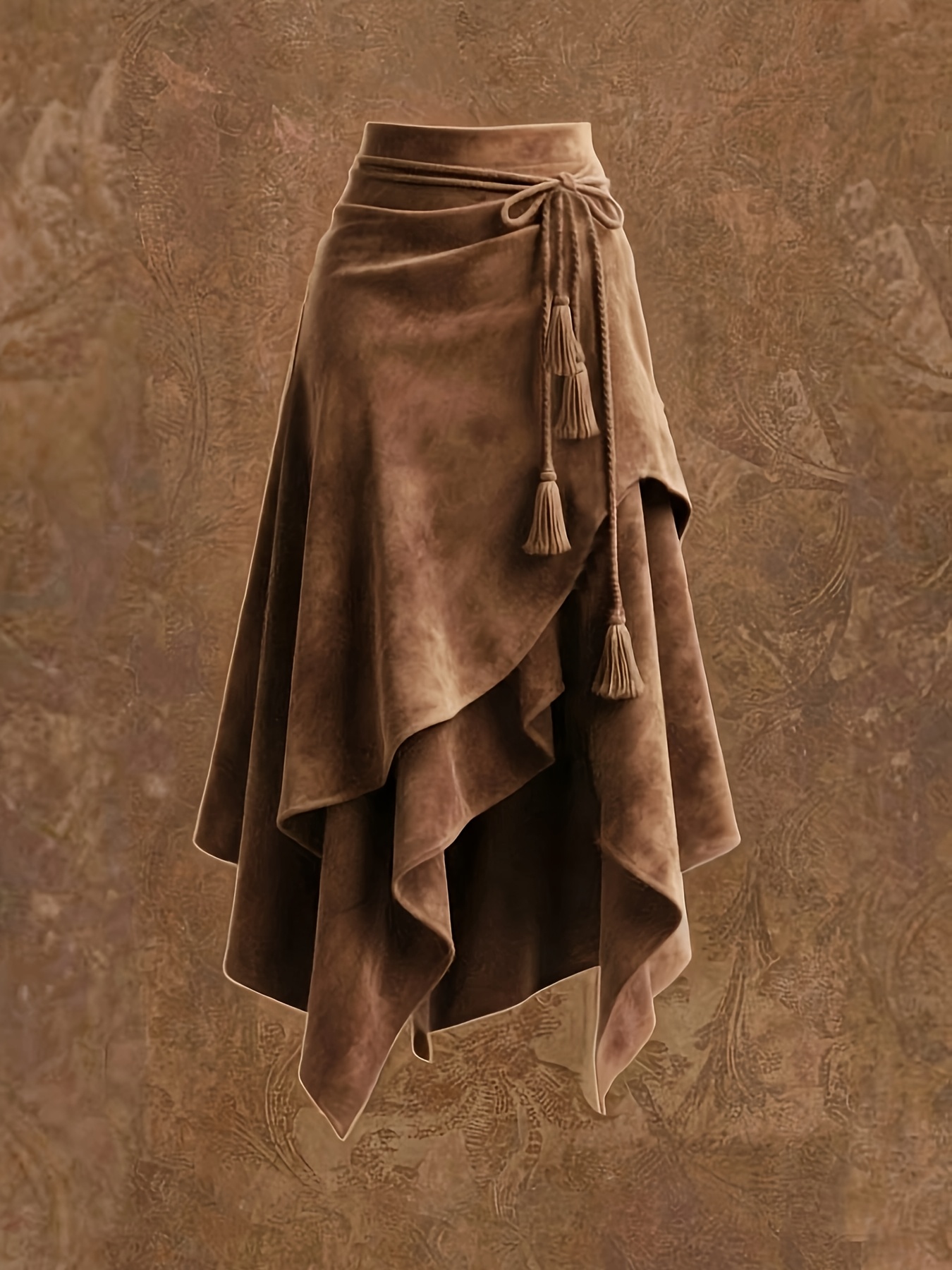 vintage western style irregular midi skirt with tie waist and tassel decoration  