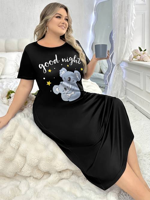 plus size womens koala home sleepwear nightgown casual round neck short sleeve t shirt dress plus size comfortable spring summer fall womens sleepwear