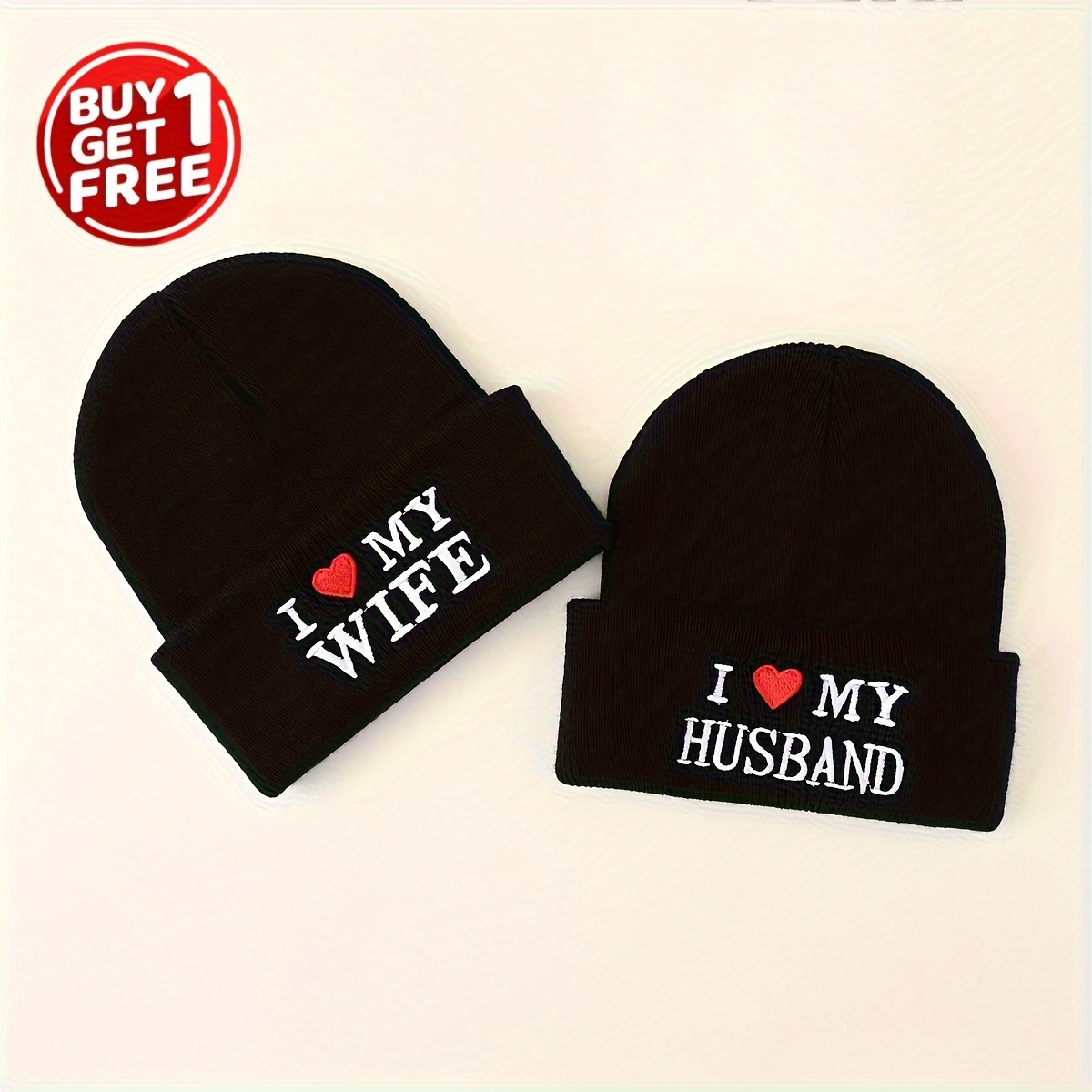 

2pcs/set Couple Beanie Wife Husband Embroidered Knit Hats Trendy Skull Cap Black Cuffed Beanies For Women Men Valentine's Day Gift