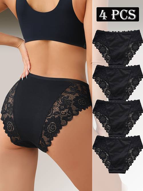 4pcs Elegant Floral Lace Semi-Sheer Briefs for Women - Soft, Breathable, Stretchy Panties with Mid-Rise Comfortable Underwear