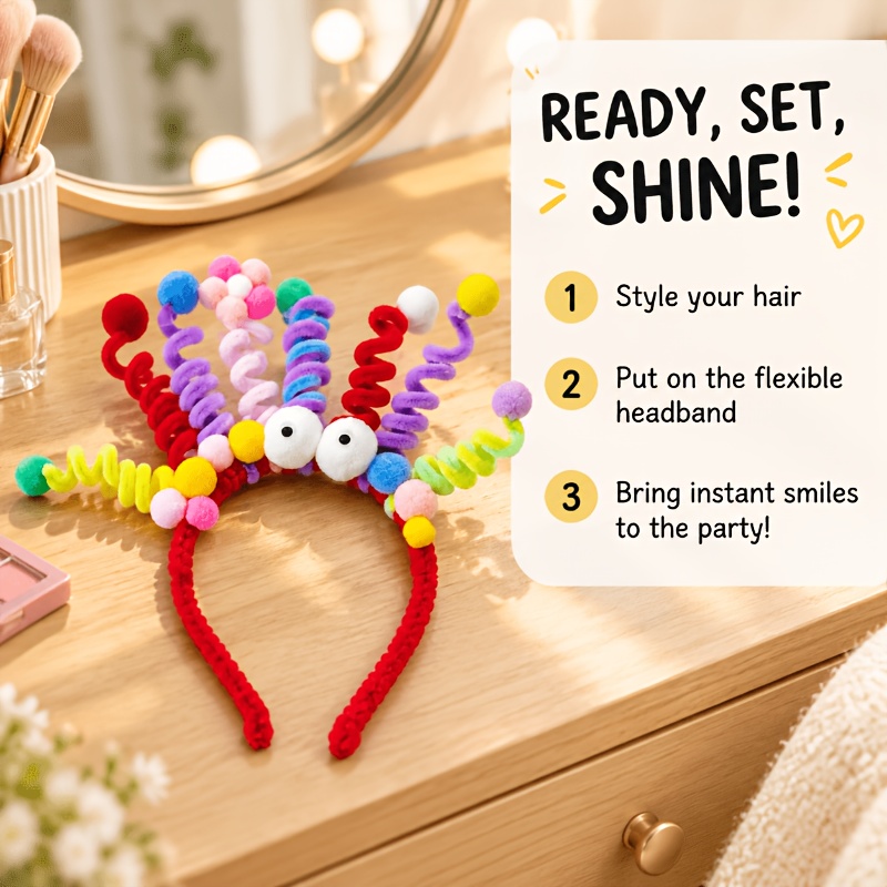Macaron Rainbow Pipe Cleaner Spiral Headband with Pom Pom Eyes
