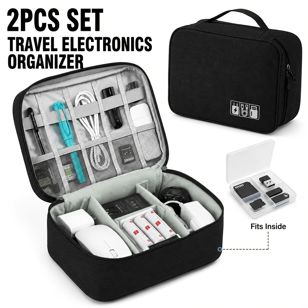 TEMU 2pcs Travel Electronics Organizer Set With Cable Storage Bag And 4-grid Mini Case, Multi-compartment Tech Additions Pouch With Mesh Pockets And