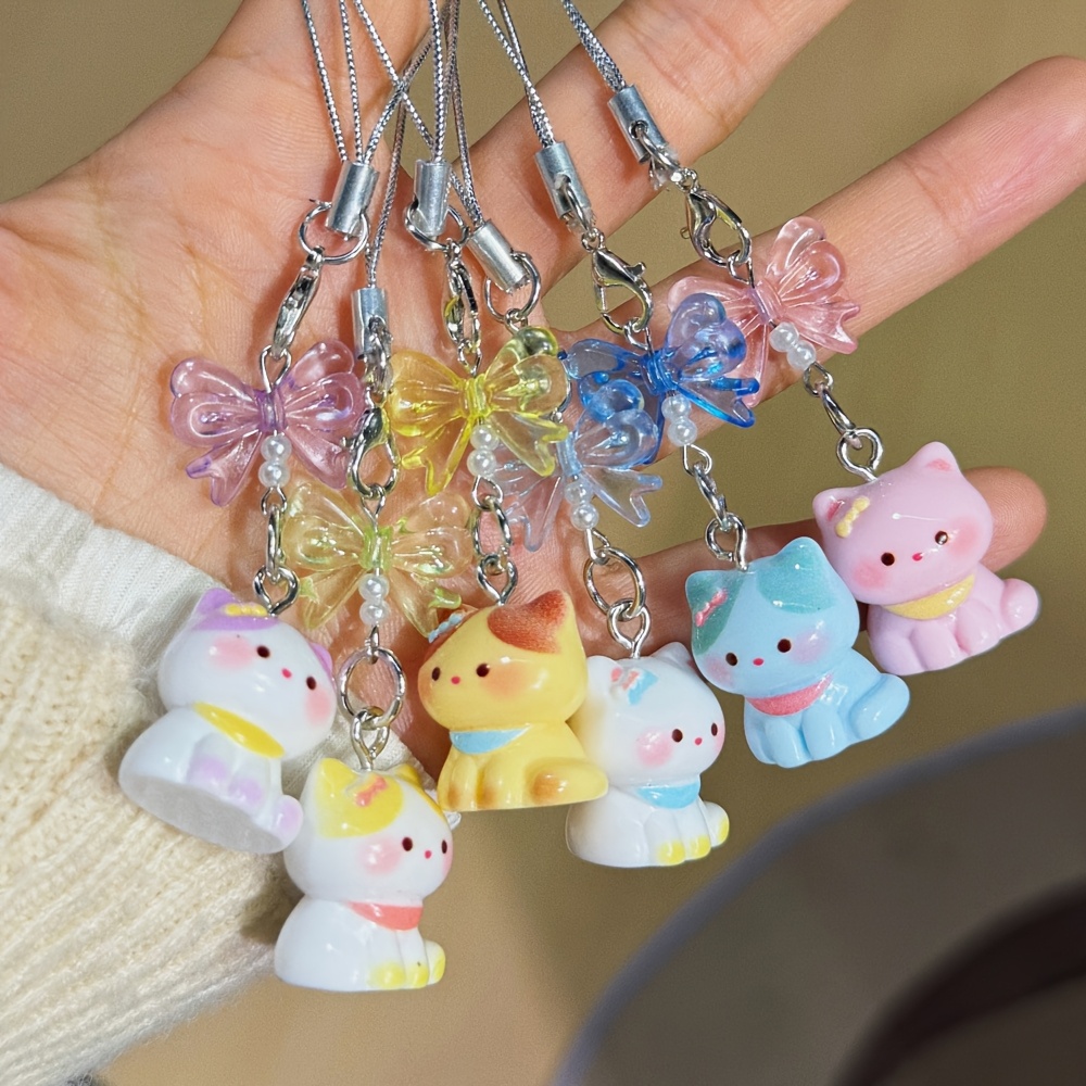 TEMU 6pcs Set Of Colorful Bow Kitten Pendant Phone Charms, Backpack/bag/headphone Case Accessories, Gift For For Birthdays And Holidays