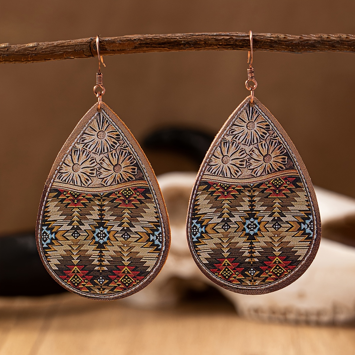 Teardrop Earrings Leather Earring Tutorial Pair Southwestern Aztec  Sunflower Printed PU Leather Earrings Western Cowgirl Style Teardrop Dangle 