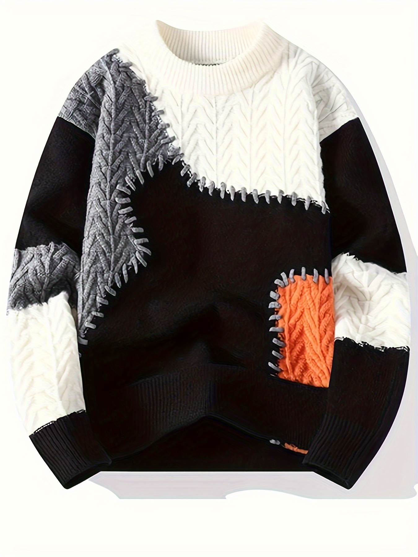 Color: Black Men’s Spliced Sweater Warm Comfortable Trendy Versatile Knitwear