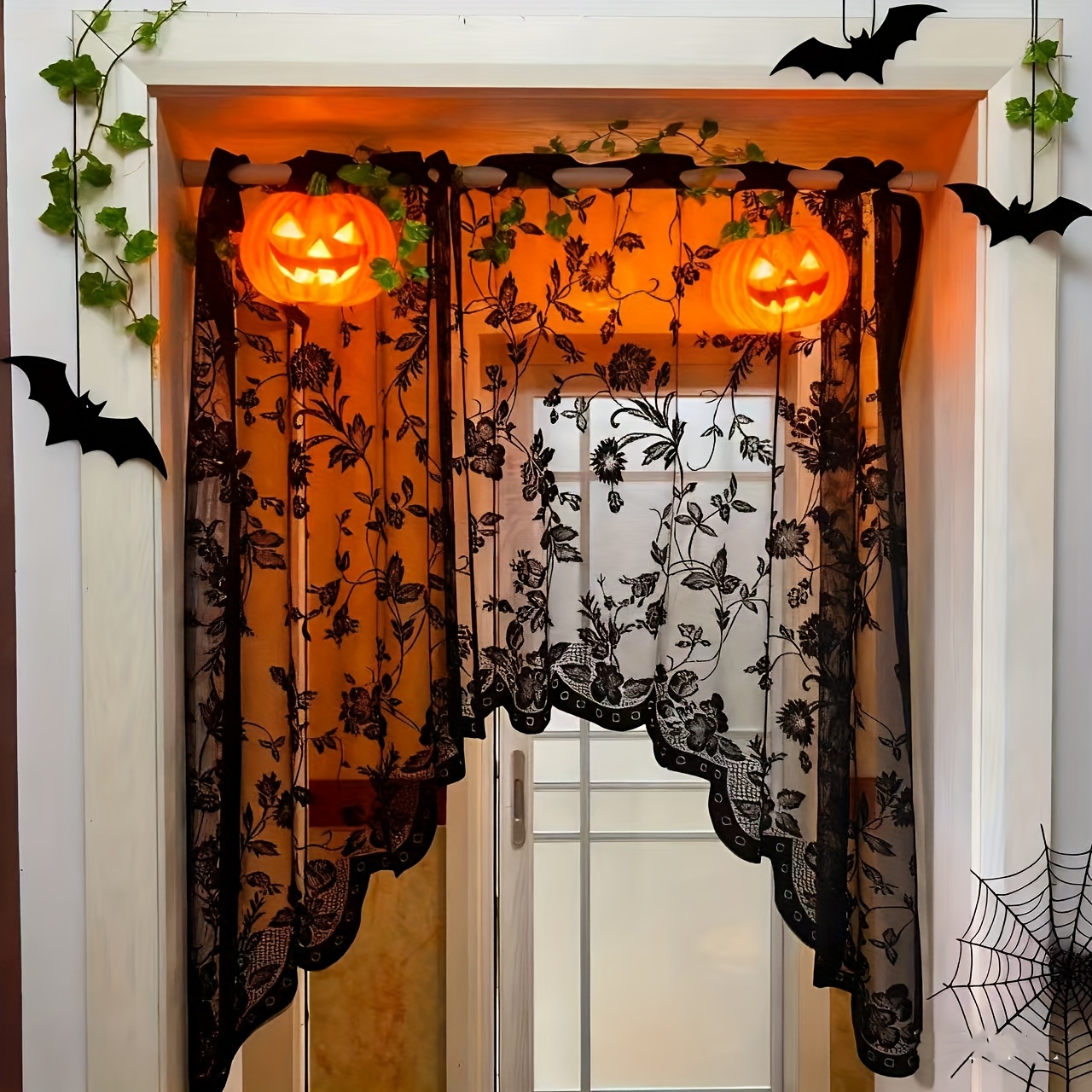 TEMU Rideau Noir, Panneau Simple en Osier Noir avec Fleurs, Séparateur de Pièce, 39 po x 62,99 po - Halloween