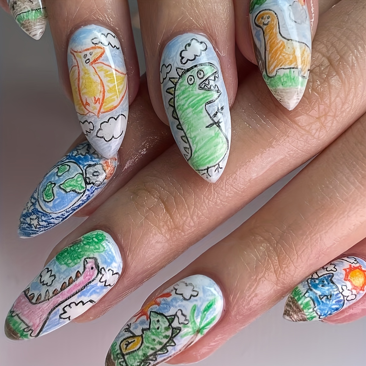 TEMU 24 uñas postizas adhesivas - Diseños de dinosaurios (Trex, ) - Acabado con pegamento y lima incluidos - Fácil aplicación para fiestas o uso