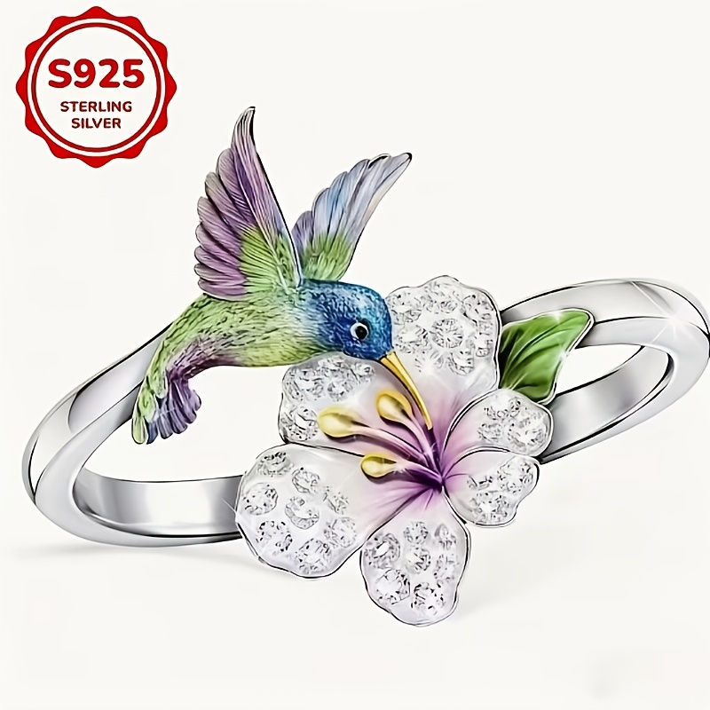 TEMU Bague argentée S925 incroyable et motif floral en cristal - Artisanat en émail, esthétique naturelle, bague de luxe