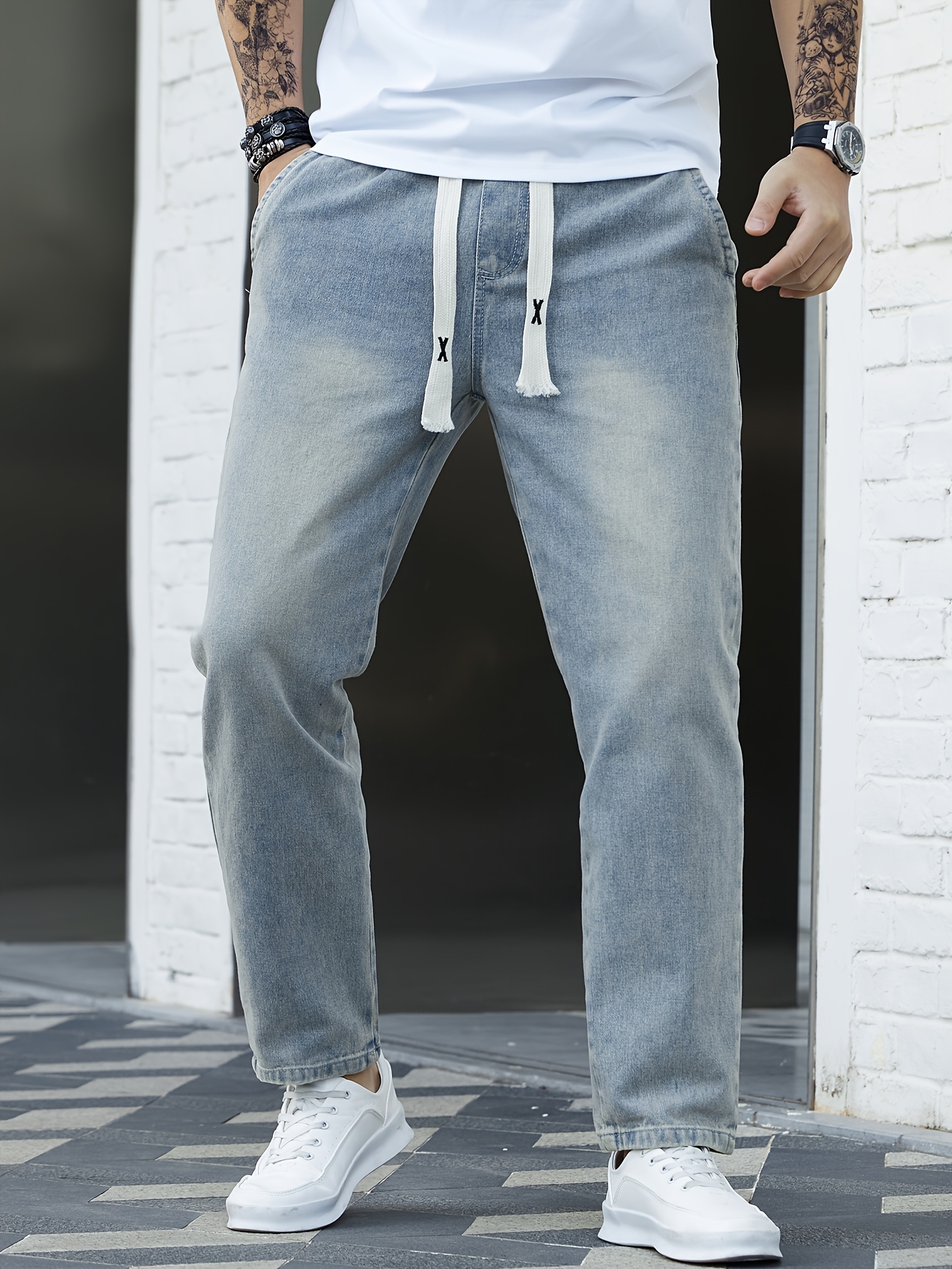 Men's Washed Denim Pants, Spring/Autumn Fashion Brand Loose Straight-Leg Elastic Waist Drawstring Versatile Japanese Style Casual Cropped Pants, Geng Yuanshi