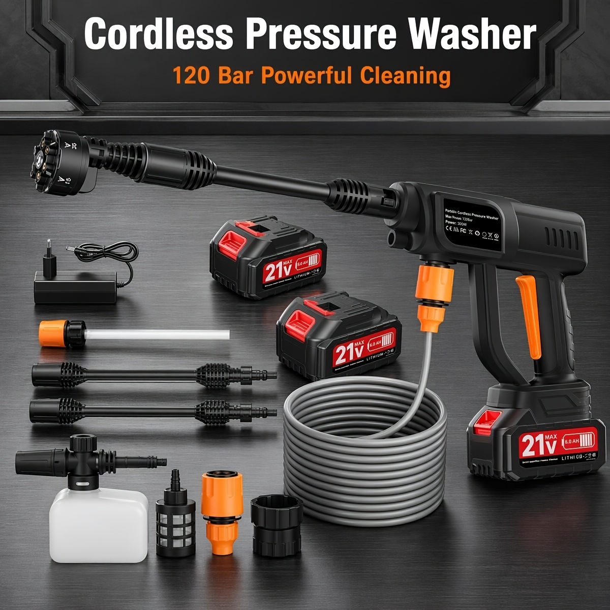 Image of Wireless High-pressure Cleaning Gun 120bar/1700psi 6l/min Portable With 6-in-1 Nozzle 3.0ah Battery 197-inch Hose Suitable For Car Washing, Garden Cleaning, Window Cleaning, Pet Bathing