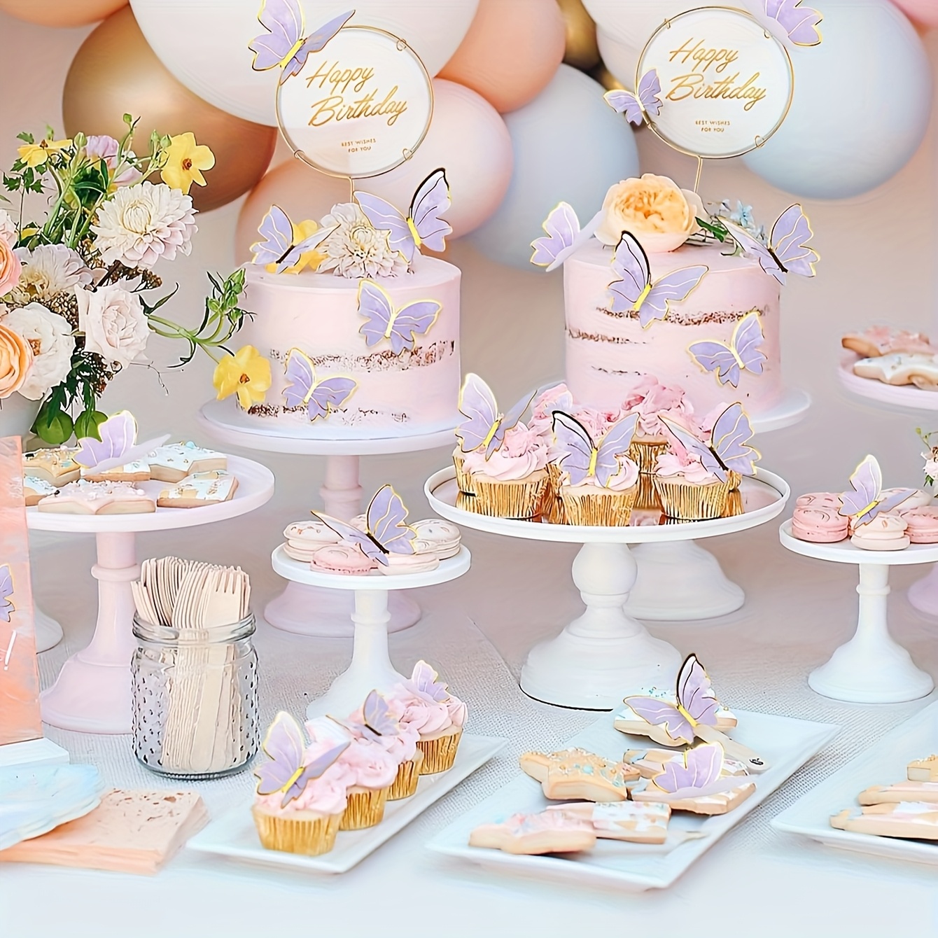 12pcs Golden Butterfly Cake Decorations Happy Birthday Acrylic Cake Topper Siulation Butterflies Wedding Party Decor | SHEIN EUQS