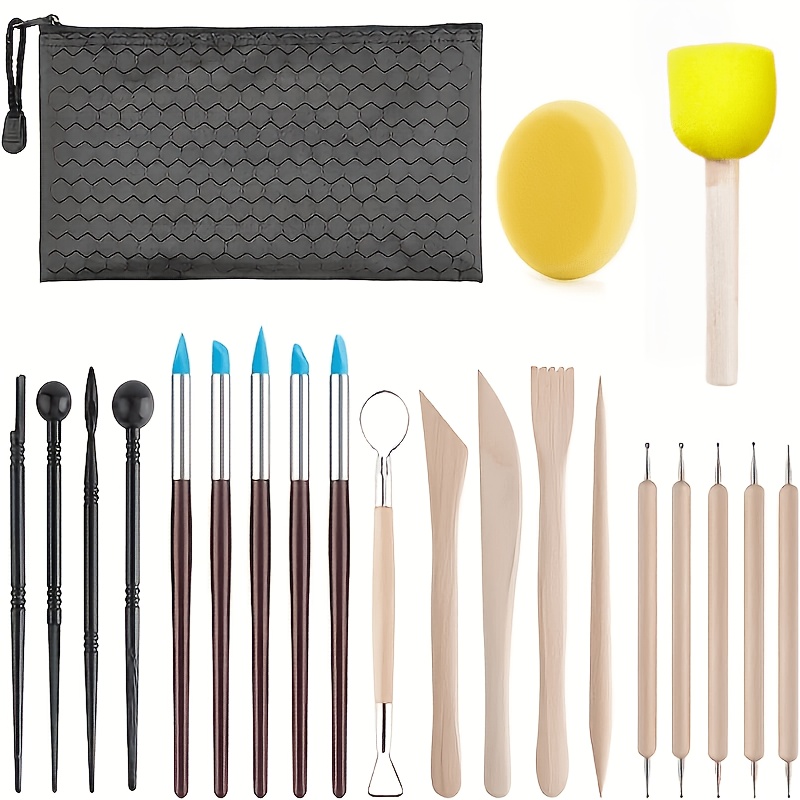 TEMU Ensemble d'outils de sculpture de poterie 22 pièces comprenant des gants en caoutchouc, des bâtons éponge et des outils de sculpture en