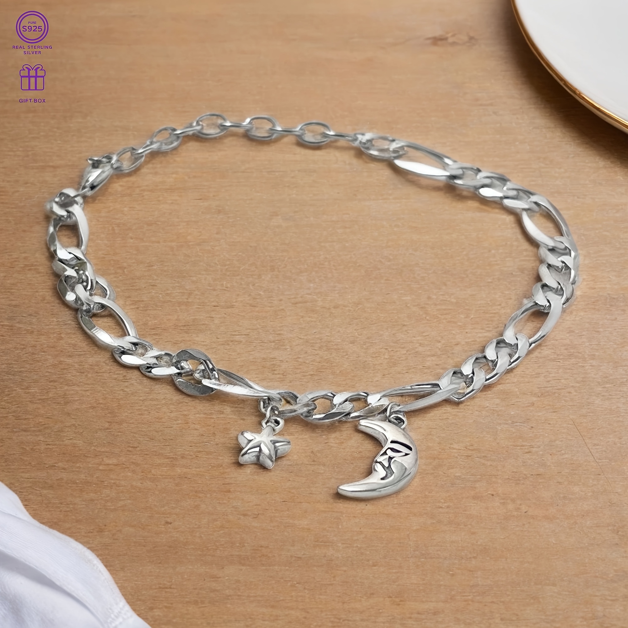 S925 Silver Moon & Stars Pendant Bracelet