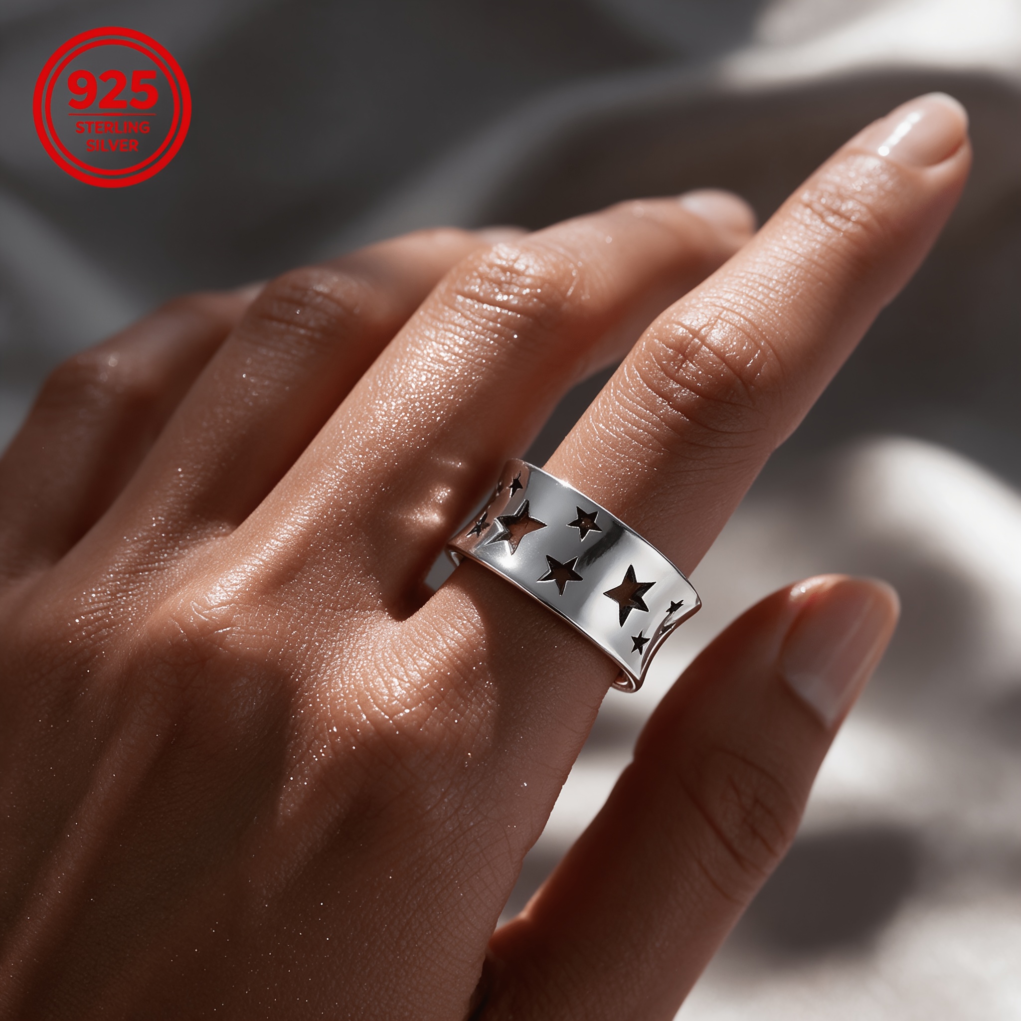 Women's 925 Silver Adjustable Pentagram Ring, Gift for Couples