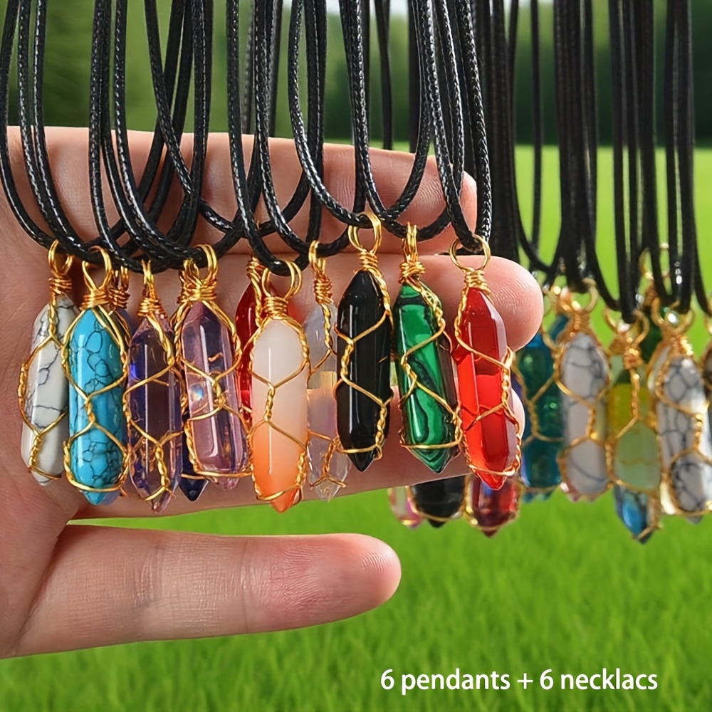 Image of 12pcs Natural Stone Wire-wrapped Hexagonal Pendant Necklace, Chakra Pendant With Adjustable Chain, Suitable For Necklace Jewelry Making, Best Party Holiday Gift (6pcs Pendants And 6pcs Chains)