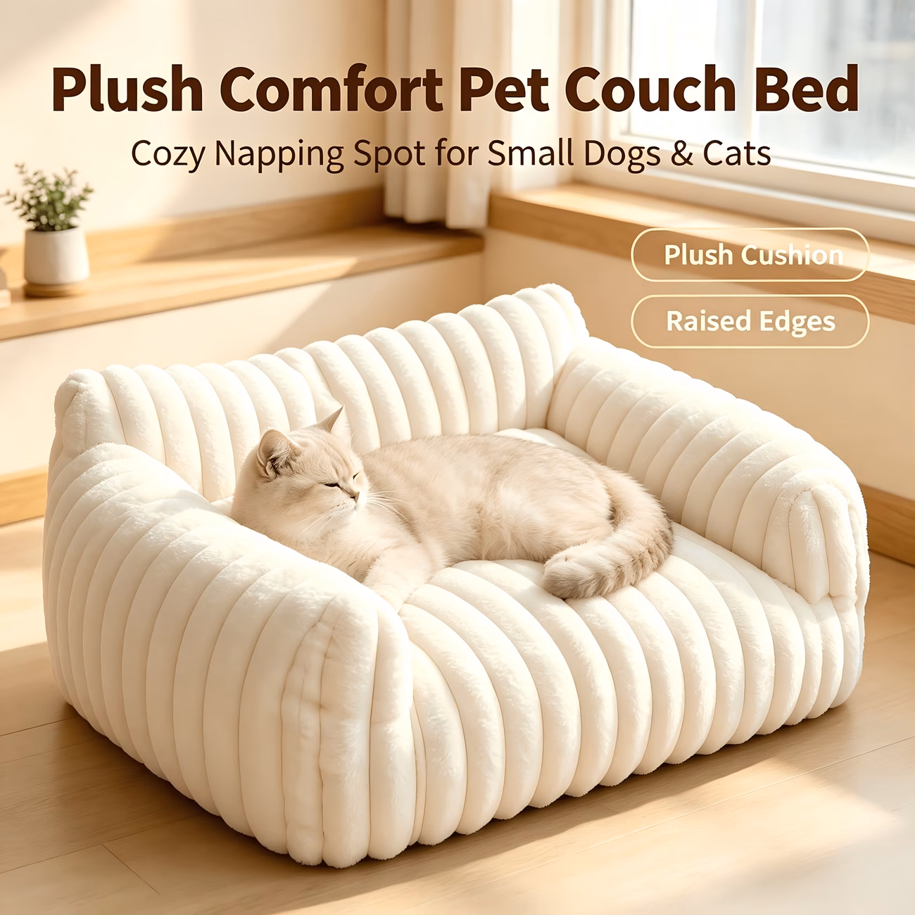 plush pet sofa bed high back comfortable cat couch soft ribbed dog bed for small dogs cats raised edge cushion pet sleeping bed with non slip multi scene furniture s size 19 69 15 75 7 8in Product details 1