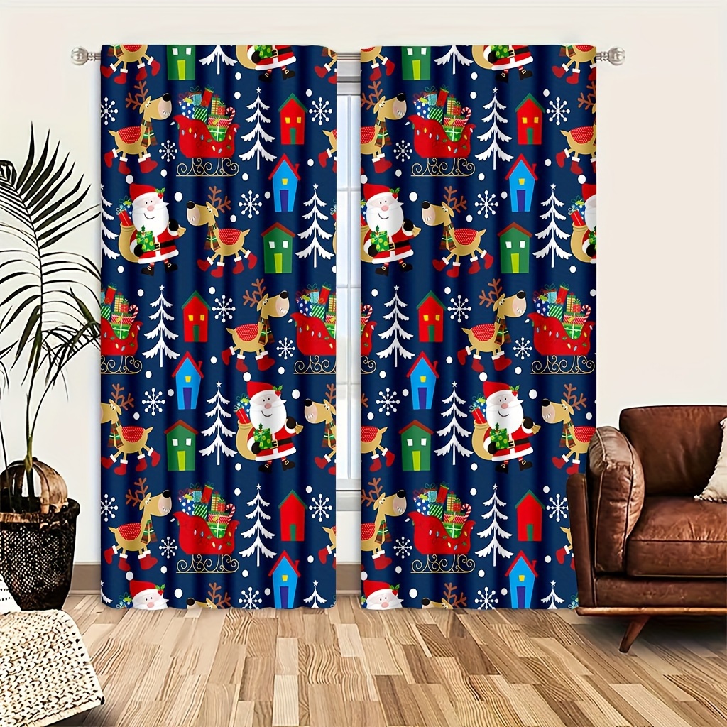 

Vintage Christmas Curtain Set - 2pcs Santa & , Machine Washable Polyester Drapes For Living Room, Bedroom, And Office Decor