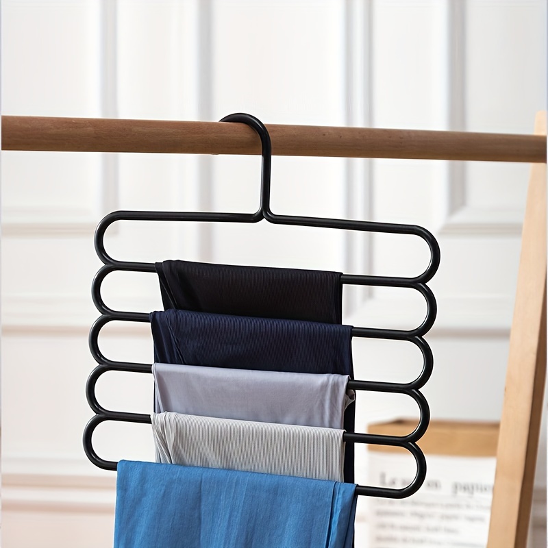 

3pcs Pants Hangers, 5-tier Non-slip Plastic Trousers Rack, Space-saving Closet Organizer For Jeans And Skirts, Black & White, Clothes Hangers