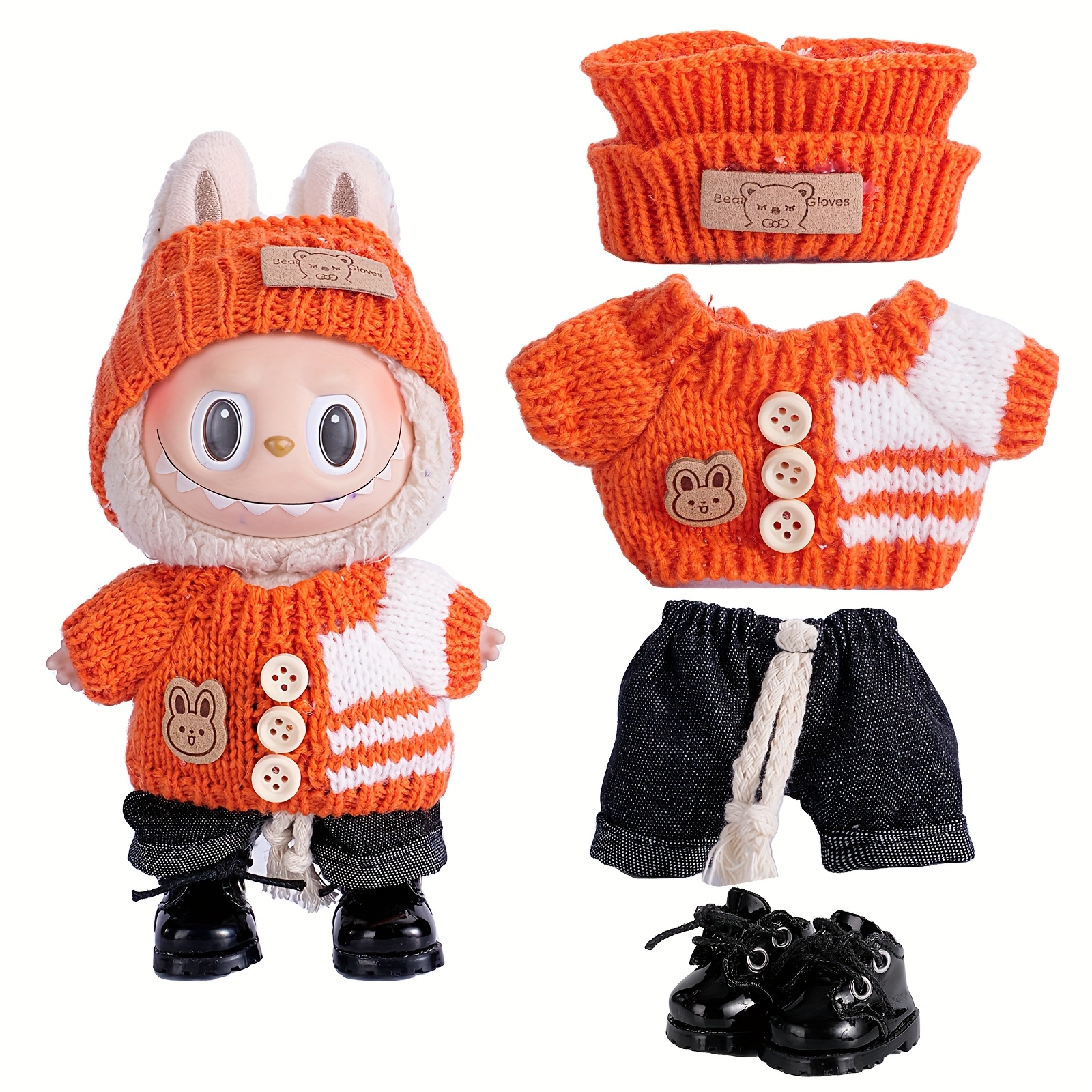 6.69英寸娃娃衣服，适合Labubu，带有3套装 - 时尚渔夫帽和毛衣和裤子或裙子套装，适合6.69英寸娃娃，非常可爱的Labubu配件，用于玩耍和展示（不包括鞋子和娃娃）