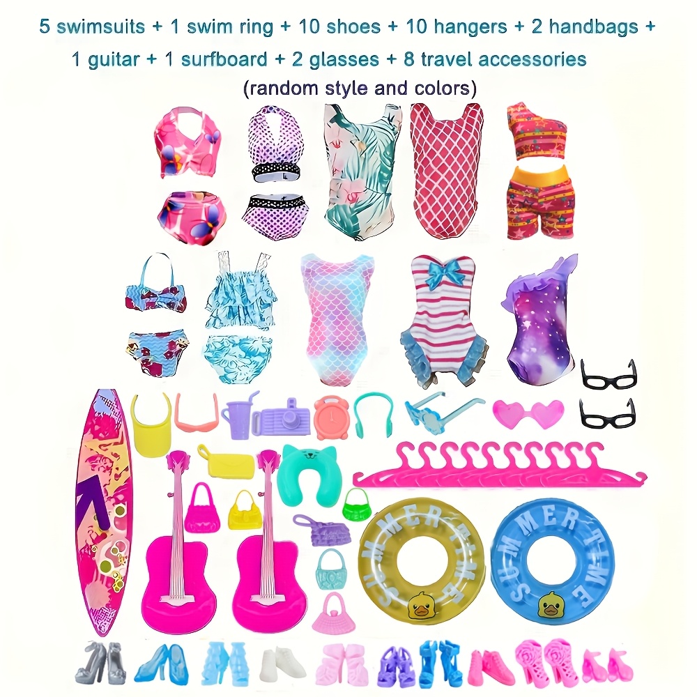 Image of 40pcs Doll Clothing And Additions Playset With Bonus 5 Shoes, 2 Handbags - Includes Surfboard, Guitar, Glasses, Hangers, And Pool Float - Mixed Color, Durable Pp Material, Suitable 3 And Up