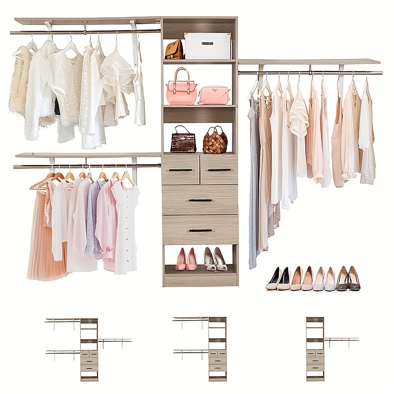 

8ft Walk-in Closet Organizer, Closet Organizer System With 3 Shelf Towers, Wood Armoire Wardrobe Closet With 4 Drawers And Built-in Garment Rack White Oak 96" L X 15.7" W X 70.8" H
