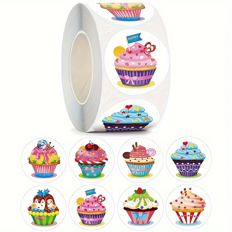 

500pcs/roll Happy Birthday Cupcake Stickers, Round Glossy Paper Seals For Party Favors, Envelope Seals, Office Stationery Decoration And Gift Wrapping.