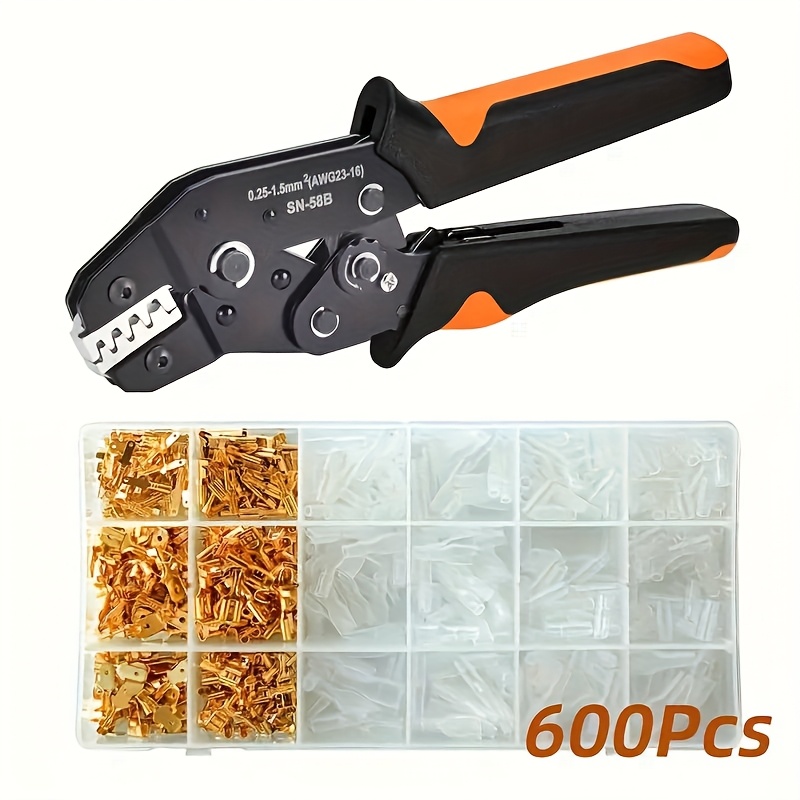 Temu 600Pcs Ratchet Sn-58B Crimping Tool Set, Compatible With Awg 23-16/0.25-1.5Mm² Terminals, Includes 300 Insulation Sleeves + 300 Coils And-image