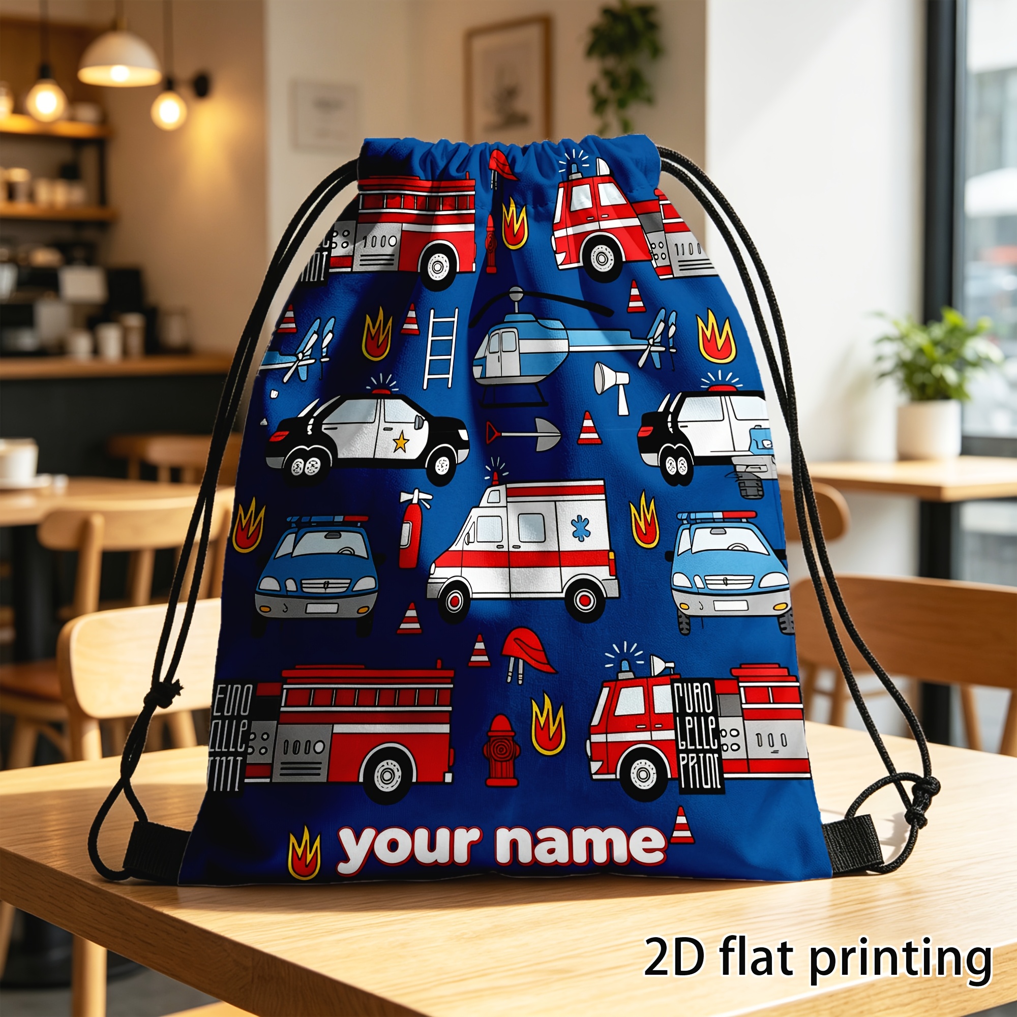 TEMU 1pc, Customized Drawstring Backpack, Custom Name Drawstring Bag, Emergency Vehicle Pattern Print, Personalized Lightweight Gym Sack, Portable