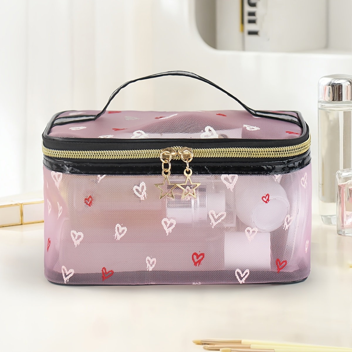 [cosmetic Bag] Large Capacity Mesh Cosmetic Bag Portable Handheld Style Suitable For Travel And Home Storage